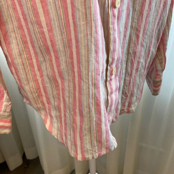 Lauren Ralph Lauren Linen Striped Button Front Boyfriend Long Sleeve Blouse SZ M - Picture 4 of 10